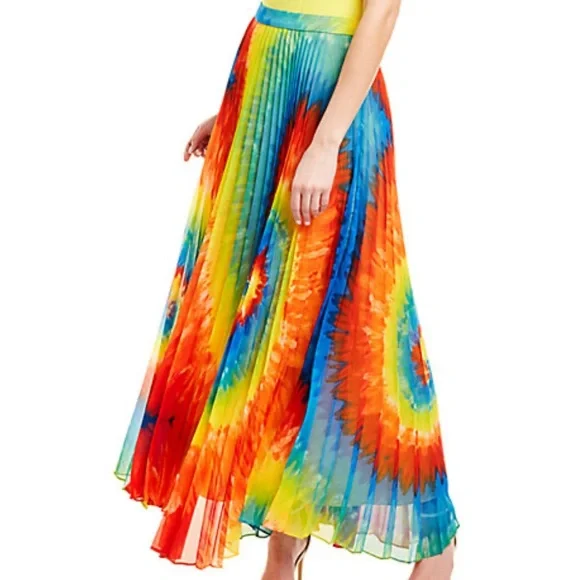 Alice + Olivia Rainbow Tie Dye Pleated Shannon Maxi Skirt - 0 - Picture 3 of 6